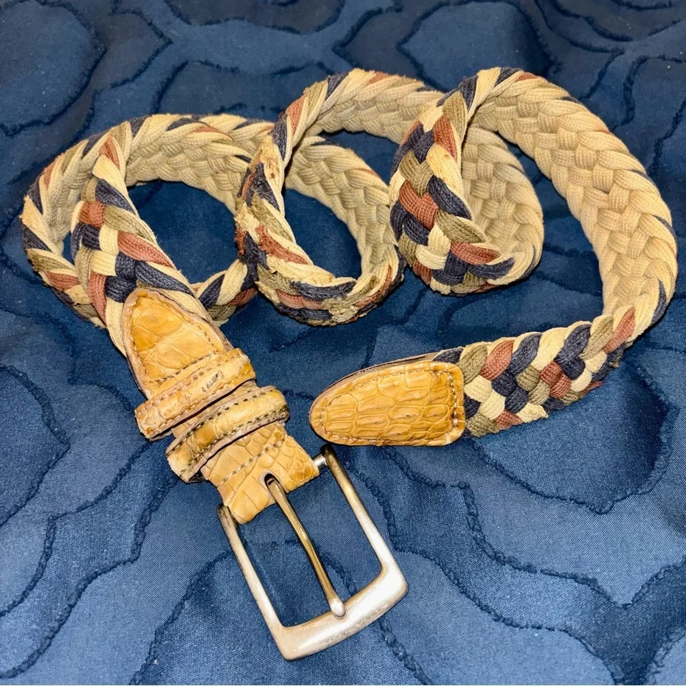 Men’s Multicolor Woven Braided Belt, Real Crocodile Leather Trim, Brass Buckle